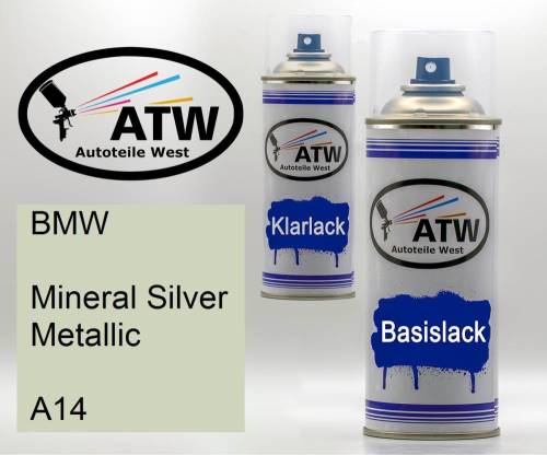 BMW, Mineral Silver Metallic, A14: 400ml Sprühdose + 400ml Klarlack - Set, von ATW Autoteile West.